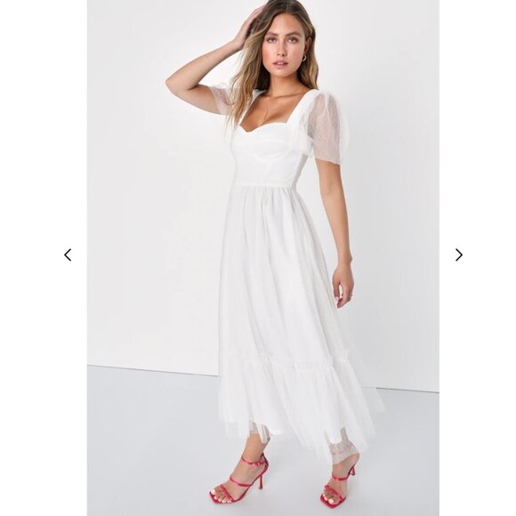 Lulu's Dreamy Celebration White Tulle Bustier Swiss Dot Midi Dress - Picture 3 of 6